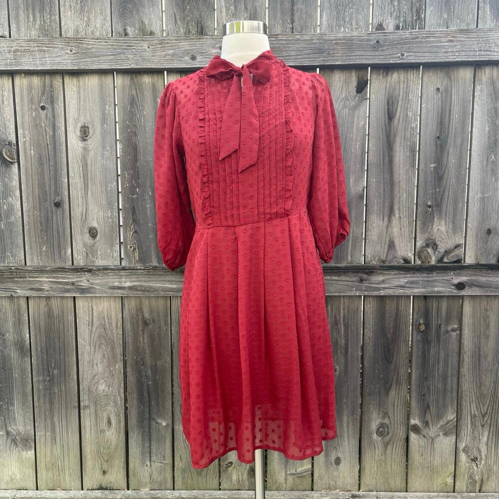 A New Day • Swiss Dot A Line Tie Neck Dress